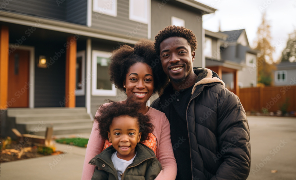 Family in front of their new home